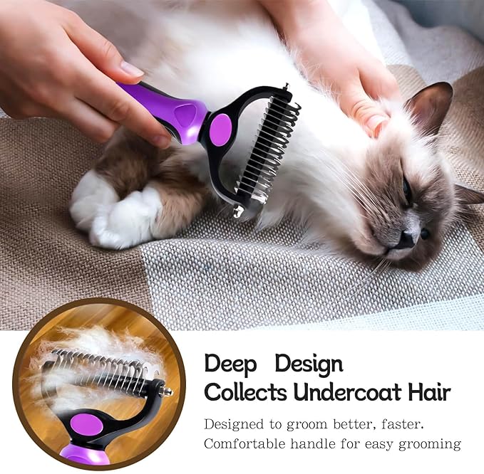 Pet Grooming Brush and Metal Comb Double Sided Long Hair Pet Undercoat Cleaner Undercoat Rake for Dogs and Cats Removes Mats and Lint Effectively removes shedding or carpeted sofa flyaway hair.