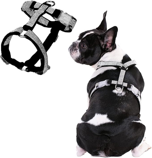 Dog Reflective Rhinestone Harness, No Pull Adjustable D-Ring Harness Walking Harness for Small Meduim Large Dog(Black,S)