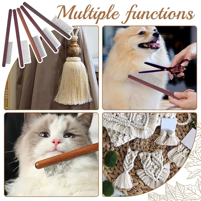 OLYCRAFT 5Pcs 5 Styles Macrame Fringe Combs Stainless Steel Fringe Combs with Wood Handle Wood Pet Combs Grooming Tool Tassel Brush Supplies for DIY Macrame Removing Tangles and Knots