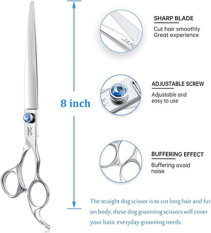 JASON 8" Straight Dog Grooming Scissors Long Pets Grooming Shears Premium Cats Trimming Kit with Offset Handle and a Jewelled Screw Sharp Comfortable
