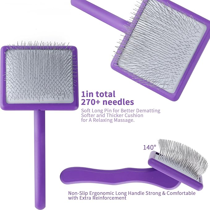 Ergonomic Slicker Brush for Long-Haired Cats - Wooden Handle, Long Pins for Grooming Loose Hair (Purple)