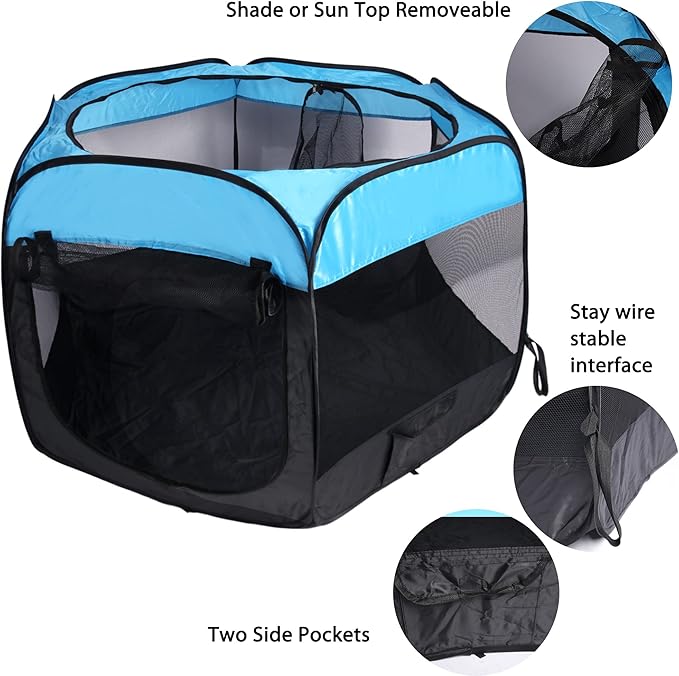 Portable Dog Playpen Cat Tent,Pop Up Playpen for Small Middle Dogs Cats Pet Tent Playground, Indoor Outdoor,47x47x30,Blue/Black,1Pack