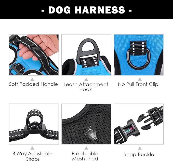 PHOEPET Reflective Dog Harness Large Breed Adjustable No Pull Vest with Handle 2 Metal Rings 3 Buckles [Easy to Put on & Take Off](XL, Blue)