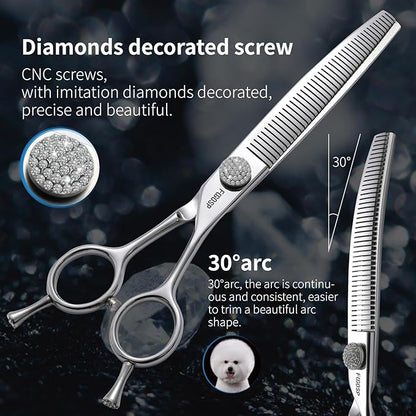 Professional Curved Comb Thinner Dog Grooming Scissors 7'' Curved Thinning Shears for Dogs Pet 56 Teeth 50% Thinning Rate Japan VG10 Sharp and Smooth Right Handed