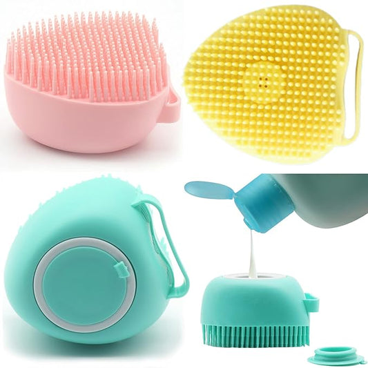 OTAVILEM Body Scrubber with Soap Dispenser for Shower, 3 Pack Silicone Exfoliating Brushes, Soft Body Exfoliator, Bath Loofah for Babies, Kids, Women, Men and Pets, 3 Colors (Heart Shaped)
