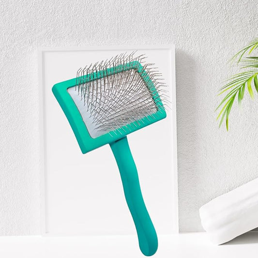 Pro-Slicker Brush Grooming Tool for Pets: Medium Teal, Soft Cushion Bed of Dull Pins, Gentle but Effective. Easily and Painlessly Remove Thick Undercoat. Reduce Brushing Sessions, Groom like a Pro