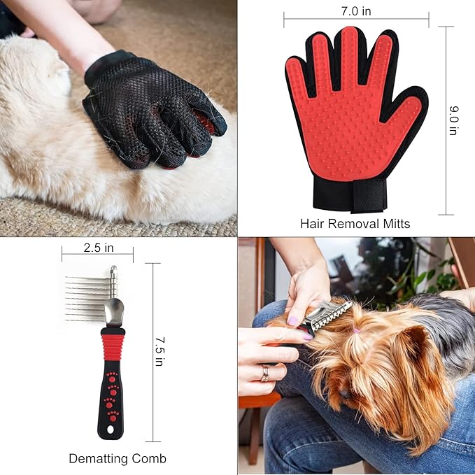 Wisedog Pet Grooming Kit - Pin & Bristle Brush, Slicker Brush, Dematting Tool, Nail Clipper, Hair Removal Mitts, Flea Comb for Dogs and Cats (Reddish-black)