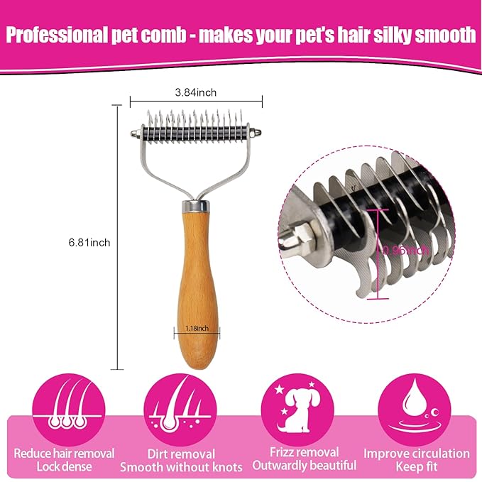 Pet Dematting Comb for Dogs and Cats with Wood Handle, Deshedding Undercoat Rake for Dogs with Stainless Steel Blades, Dog Comb for Detangling Thinning and Shedding, All Hair Types