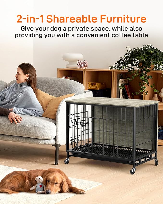 2024 New Dog Crate Furniture, Chic 32.5" Medium-Sized Dog Crate with Dual Access, Seamless Cleaning, Interior Style Boost, Robust & Mobile Design for The Modern Pet, Rustic Gray