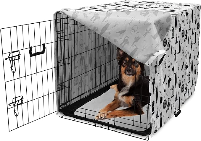 Lunarable Halloween Dog Crate Cover, Horror Pattern Tombstone Kitty Owl Voodoo Trick or Treat Pumpkin, Easy to Use Pet Kennel Cover for Medium Large Dogs, 36 Inch, Grey Black Charcoal