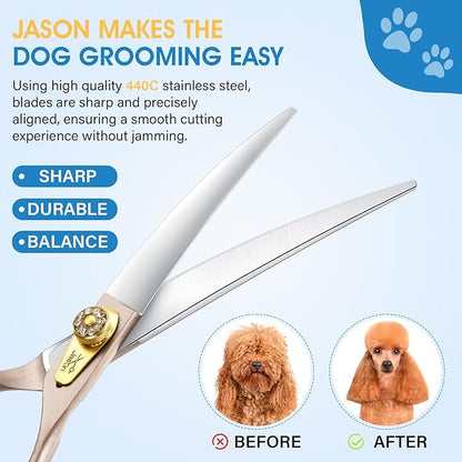 JASON Professional Dog Grooming Scissors - 7 Inch Curved Shear Japanese 440C Stainless Steel Dog Scissors with Diamond Screw, Rosegold, Sharp