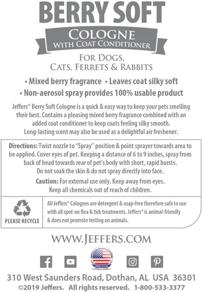 Jeffers Pet Cologne for Dogs, Cats, Rabbits & Ferrets, Berry Soft 16oz – Soap-Free, Conditioner for Silky Coats, Safe & Fresh Fragrance, Deodorizing Spray for Pets, Grooming Essentials
