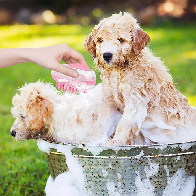 WishLotus Pet Bath Brush, Puppy Massage Brush with Shampoo Dispenser Pet Grooming Tool for Small Animals Soft Silicone Dog Shower Brush for Long Short Haired Dog and Cat Washing (Pink)