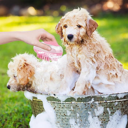 WishLotus Pet Bath Brush, Puppy Massage Brush with Shampoo Dispenser Pet Grooming Tool for Small Animals Soft Silicone Dog Shower Brush for Long Short Haired Dog and Cat Washing (Pink)