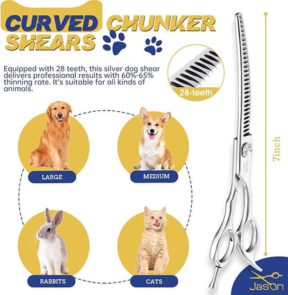 JASON 7" Curved Chunker Dog Scissors - Ergonomic Pet Scissors Silver Curved Dog Shears 440C Stainless Steel Grooming Shears Professional Pet Shears For Groomer (28-Teeth, Down-curved)