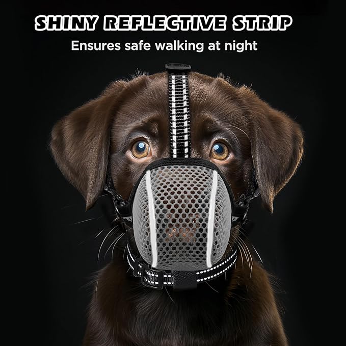 Dog Muzzle,Mesh Soft Muzzle for Small Medium Large Sized Dogs, Breathable Reflective Adjustable Puppy Muzzles with Collar for Scavenging Grooming Biting Chewing,Allows Panting and Drinking(Grey M)