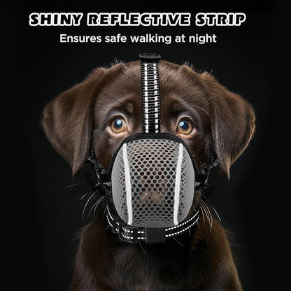 Dog Muzzle,Mesh Soft Muzzle for Small Medium Large Sized Dogs, Breathable Reflective Adjustable Puppy Muzzles with Collar for Scavenging Grooming Biting Chewing,Allows Panting and Drinking(Grey L)