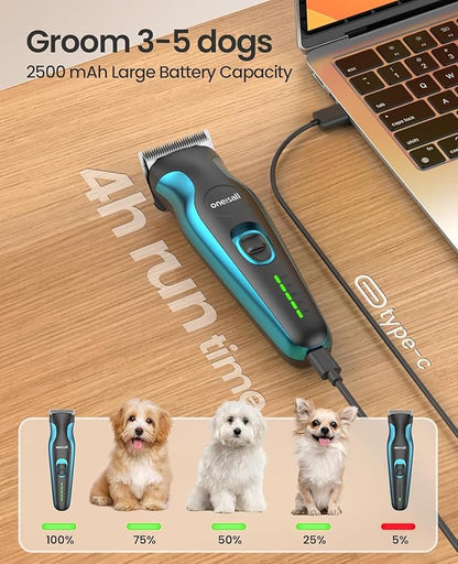 oneisall 2 in 1 Dog Clippers Grooming and Paw Trimmer, Cordless 50dB Quiet Rechargeable 2 Speed Dog Hair Clippers with Detachable Stainless Steel Blade for Small & Large Dogs Pets with Thick Coats