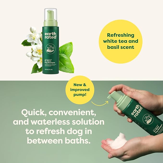 Earth Rated Waterless Dog Shampoo, Convenient No-Rinse Wash for Cleaning, Conditioning & Detangling, for All Coat Types, Refreshing White Tea and Basil Scent, 7 oz