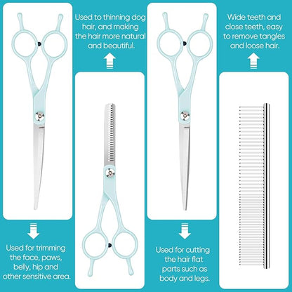 Dog Cat Grooming Scissors Kit,Pet Grooming scissors Set,Dog Scissors for Grooming,Incude Thinning,Straight,Curved Grooming Scissors and Comb for dogs, cats.