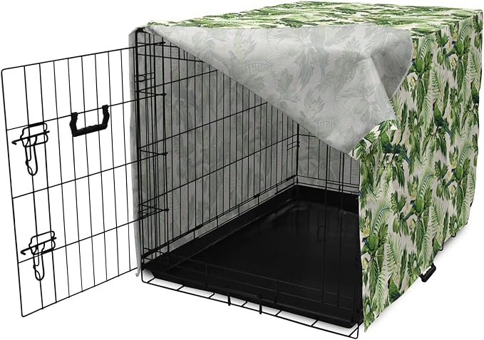 Lunarable Green Dog Crate Cover, Exotic Tropic Pattern with Palm Leaves Breadfruits Plumeria Flowers and Parrots, Easy to Use Pet Kennel Cover for Small Dogs Puppies Kittens, 22 Inch, Lime Green Cream