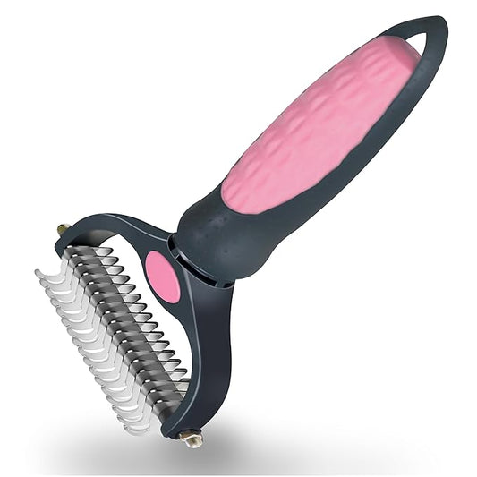 Pet Grooming Brush - Professional Undercoat Rake for Long-Haired Dogs & Cats, Extra Wide Double-Sided Stainless Steel Teeth for Removing Knots, Mats, and Tangles, Reduce Shedding by 95%, Pink