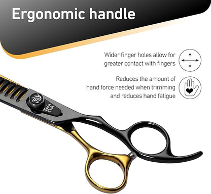 Fenice Peak 8'' Black Dog Grooming Scissors Goldern Chunker Dog Blending Scissors with Ergonomic Offest Handle and Pattern Screw Pet Grooming Thinner Blender Shears Durable and Sharp 440C