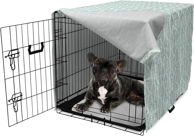 Lunarable Damask Blue Dog Crate Cover, Vintage Antique Pattern with Classic Victorian Motif, Easy to Use Pet Kennel Cover for Cats & Medium Dogs, 24 Inch, Eggshell Pale Cadet Blue