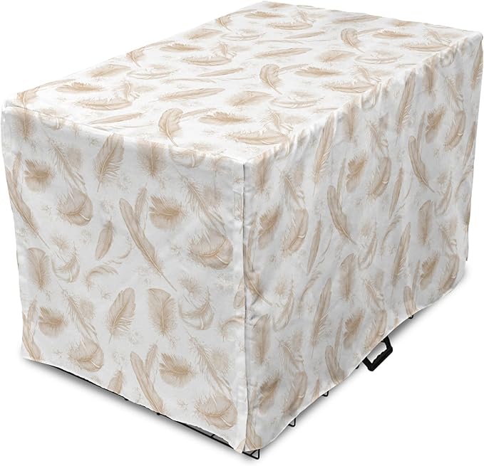 Lunarable Cream Dog Crate Cover, Fluffy Soft Flying Bird Feathers Hand Drawn Style Tender Nature Plumage Pattern, Easy to Use Pet Kennel Cover for Small Dogs Puppies Kittens, 18 Inch, Pale Tan White