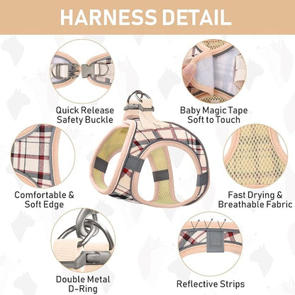 GAMUDA Dog Harness, Collar and Seat Belt Set, Vehicle Safety Harness, Retractable Adjustable Pet Seatbelts with Travel Strap and Carabiner for Most Cars (Beige, XXS)