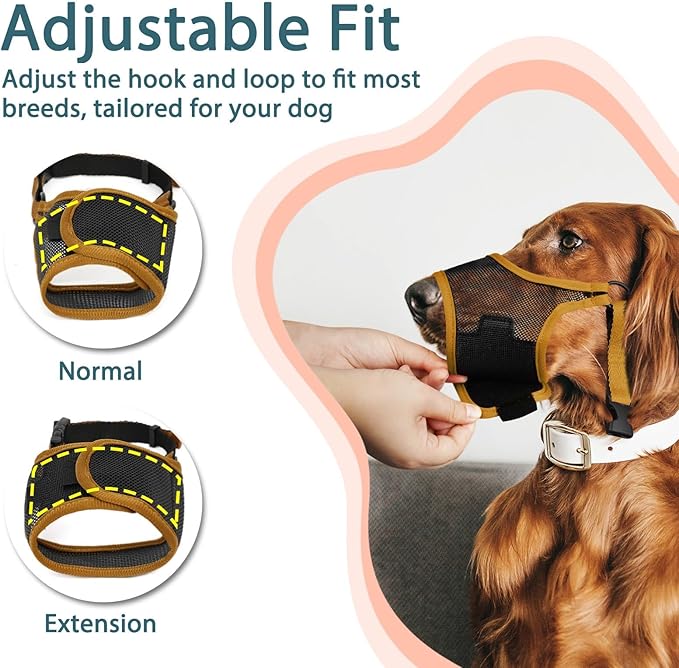 LUCKYPAW Dog Muzzle, Mesh Dog Muzzle for Large Medium Small Dogs, Soft Muzzles for Biting Chewing Fierce Barking, Breathable Muzzle with Adjustable Strap for Training (Brown, M(Snout:8.75"-9.5"))