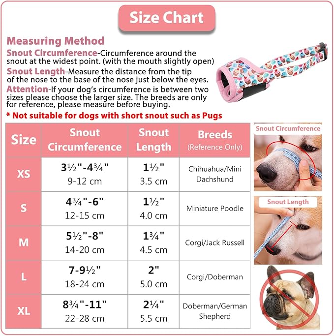 LUCKYPAW Dog Muzzle, Soft Dog Muzzles for Small Medium Large Dogs, Breathable Muzzles to Stop Biting and Chewing with Pattern, Allows Panting and Drinking (S-(Snout 4¾"-6"), Pink Cake)