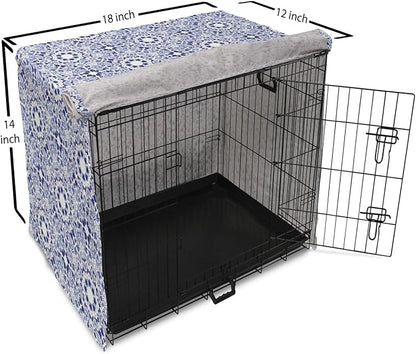 Lunarable Traditional Dog Crate Cover, Circular Flowers and Stripes Ethnic Gzhel Pattern Classic Motifs Art, Easy to Use Pet Kennel Cover for Small Dogs Puppies Kittens, 18 Inch, Pale Blue