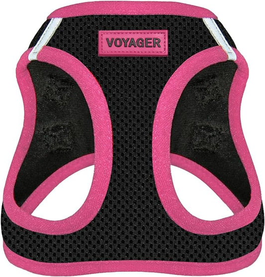 Voyager Step-in Air Dog Harness - All Weather Mesh, Reflective, No Pull Harness for Small, Medium Dogs, Cats - Secure with Hook & Loop Fastener, Buckle, Double D-Rings - Black/Pink Trim, L