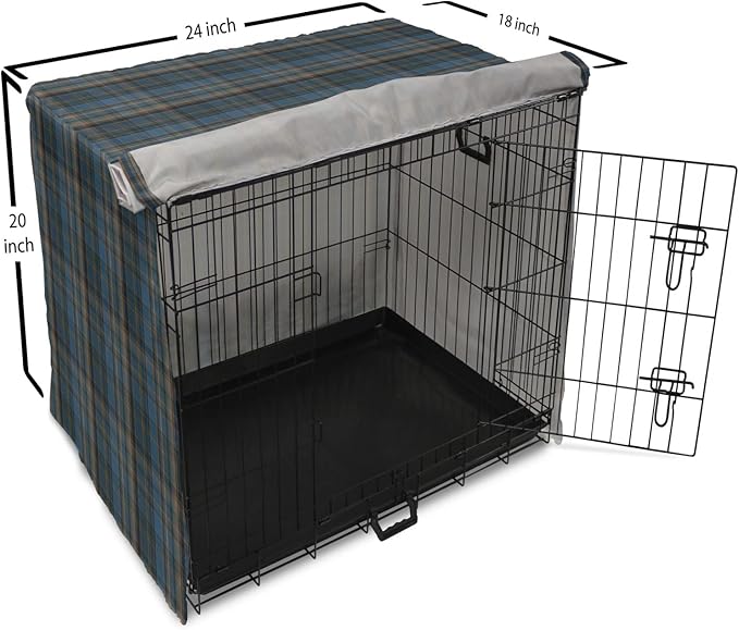 Lunarable Plaid Dog Crate Cover, Striped Geometric British Pattern Modern Design Elements in Patel Colors, Easy to Use Pet Kennel Cover for Medium Large Dogs, 24 Inch, Azure Blue and Marigold