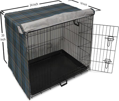 Lunarable Plaid Dog Crate Cover, Striped Geometric British Pattern Modern Design Elements in Patel Colors, Easy to Use Pet Kennel Cover for Medium Large Dogs, 24 Inch, Azure Blue and Marigold