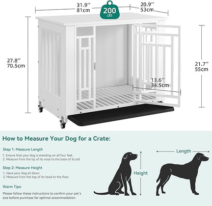 YITAHOME Dog Crate Furniture, 31.9" Heavy Duty Dog Cage, Wooden Side End Table with Wheels, Chew-Resistant Metal Dog Kennel with Removable Tray, Dog House Indoor for Small Medium Dogs, White