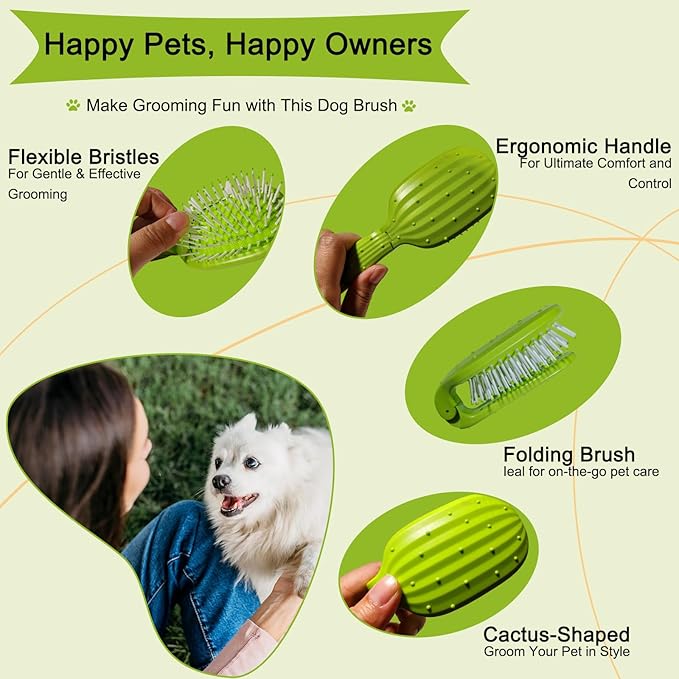 Foldable Cactus Puppy Brush Small Dogs Soft Bristles Grooming Tool Yorkie Shih Tzu Maltipoo Maltese (Dark Green)