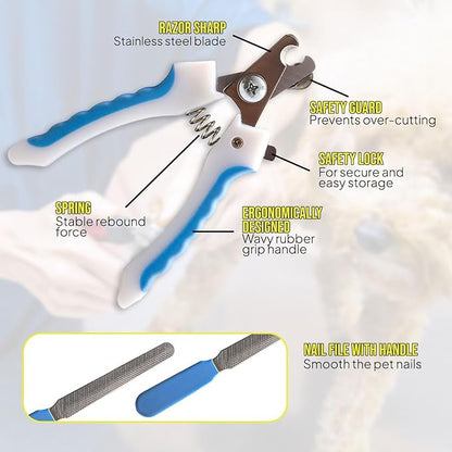 Pet Nail Clipper & Trimmers for Small Medium Large Breed Dog & Cat - Professional Grooming Tool Built-in Safety Guard, Non-Slip Handle and Bonus Nail File & Hair Comb Pet