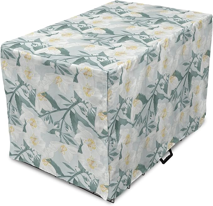 Lunarable Jasmine Dog Crate Cover, Delicate Pointy Petals Flower in Muted Tones, Easy to Use Pet Kennel Cover for Medium Large Dogs, 42 Inch, Pale Teal Pale Blue