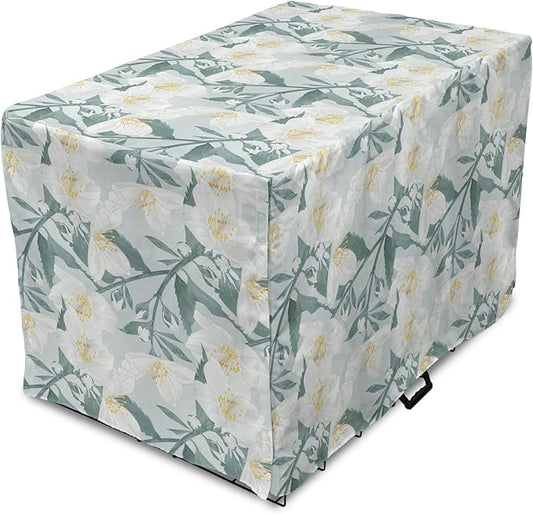 Lunarable Jasmine Dog Crate Cover, Delicate Pointy Petals Flower in Muted Tones, Easy to Use Pet Kennel Cover for Medium Large Dogs, 42 Inch, Pale Teal Pale Blue