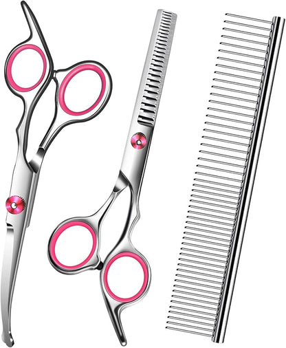Pink Dog Grooming Scissors with Safety Round Tip,Pet Grooming scissors Kit,Dog Shears for Grooming,Incude Thinning,Curved Grooming Scissors and Comb for dogs, cats.Suitable for The Right Hand