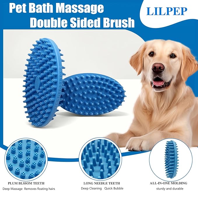 Dog Grooming Brush, Lilpep Pet Shampoo Bath Brush Soothing Massage Rubber Comb with Adjustable Ring Handle for Long Short Haired Dogs and Cats