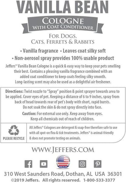 Jeffers Pet Cologne for Dogs, Cats, Rabbits & Ferrets, Vanila Bean 16oz – Soap-Free, Conditioner for Silky Coats, Safe & Fresh Fragrance, Deodorizing Spray for Pets, Grooming Essentials