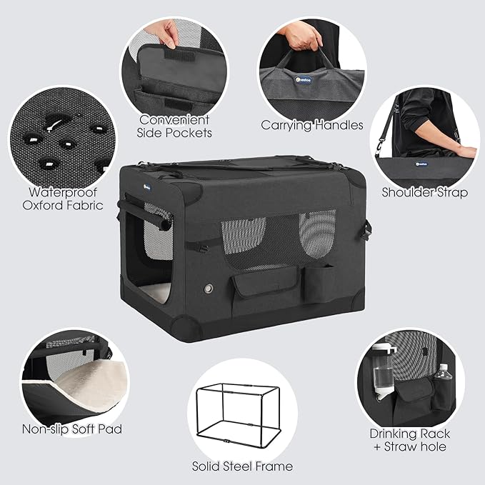Veehoo 36 inch Folding Soft Dog Crate, 4-Door Portable Collapsible Pet Kennel Travel Dog Crate for Large Dogs, 5 x Durable Mesh Screen, 600D Oxford Fabric, Indoor & Outdoor Use, Black, CWB2428CP