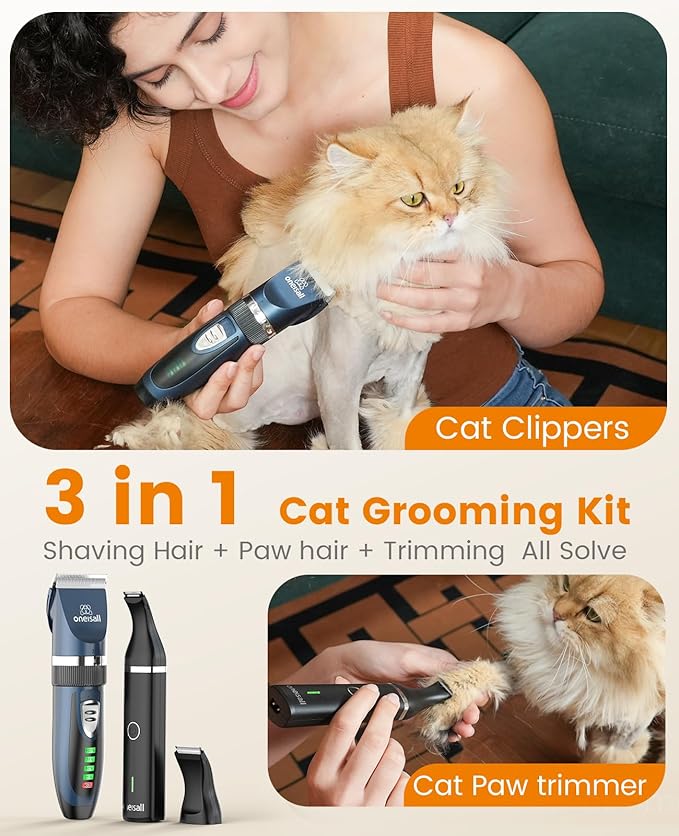 oneisall Cat Clippers and Paw Trimmer 3 in 1,Cat Grooming Kit,Cat Clippers for Matted Hair,Cordless Cat Shaver for Matted Long Hair,2 Speed Cat Hair Trimmer,Pet Clippers for Cats and Small Dogs