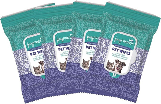 FurryFriends Pet Wipes | Lavender Chamomile Scented | Hypo-allergenic | Alcohol Free| Deodorizing | Removes Loose Hair & Dirt | Incredibly Clean | 4 Pack