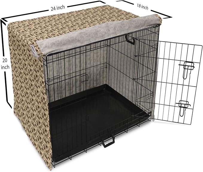Lunarable Vintage Halloween Dog Crate Cover, Halloween Witch Hat Cauldron Fall Jack o' Lantern Black Cat, Easy to Use Pet Kennel Cover for Cats & Medium Dogs, 24 Inch, Pale Brown