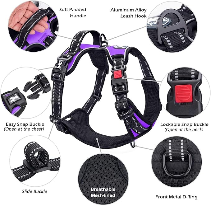 PoyPet No Pull Dog Harness, No Choke Front Lead Dog Reflective Harness, Adjustable Soft Padded Pet Vest with Easy Control Handle for Small to Large Dogs(Purple,XS)