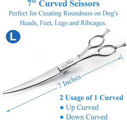 JASON Left Handed 7" Dog Grooming Scissors Set, 3 in 1 Ergonomic Blending, Curved, Straight Cat Pet Hair Trimming Thinning Professional Kits with Offset Handle and a Jeweled Screw